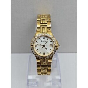 Bulova Womens Gold Tone Diamond Bezel Quartz Date Bracelet Watch New Battery